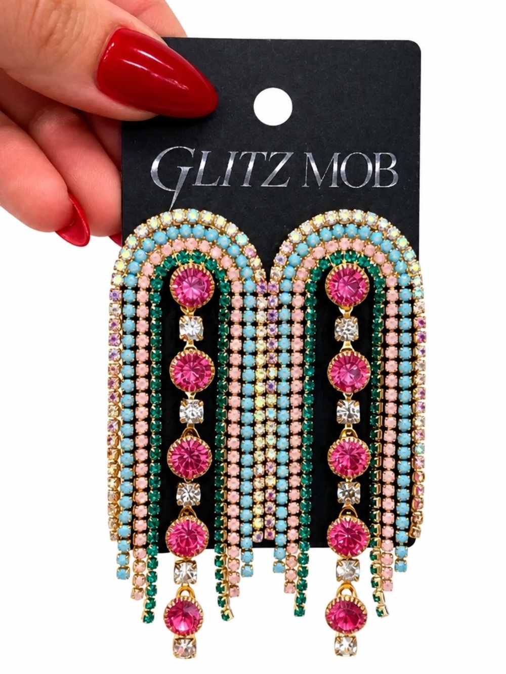New! Pink, Green & Aqua Crystal Fringe Earrings